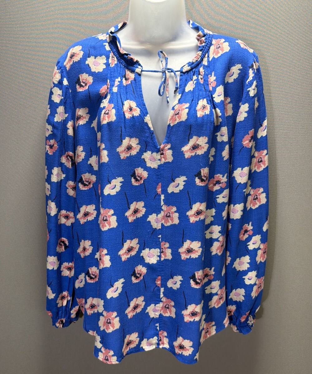 Lucky Brand Boho Blue Floral Blouse Size Medium Long Sleeve Cold Shoulder